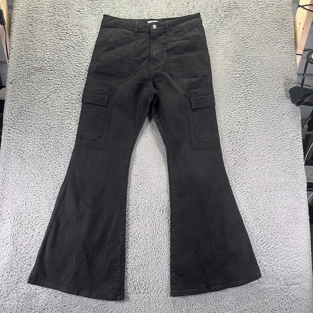 Forever 21 Jeans Women 31x34 Black Cotton Denim Flared Cargo Glitter Bell Bottom